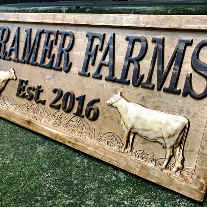 Personalized Farmhouse Sign Wood Wedding Gift Wooden Farmhouse Decor Wall Family Name Sign Couple Established Cow Custom Carved Farm Sign 3Dwoodworker