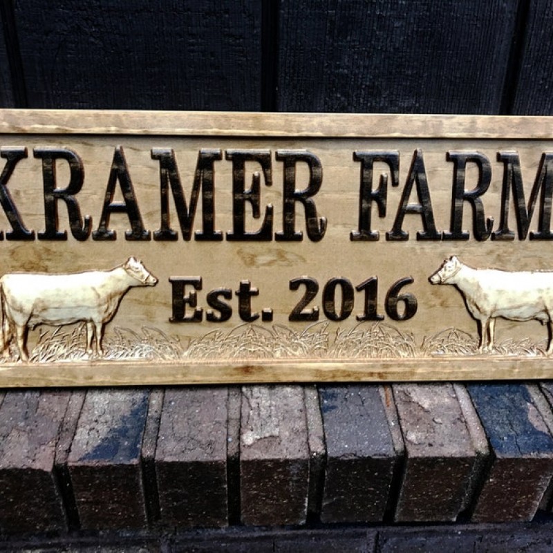 Personalized Farmhouse Sign Wood Wedding Gift Wooden Farmhouse Decor Wall Family Name Sign Couple Established Cow Custom Carved Farm Sign 3Dwoodworker