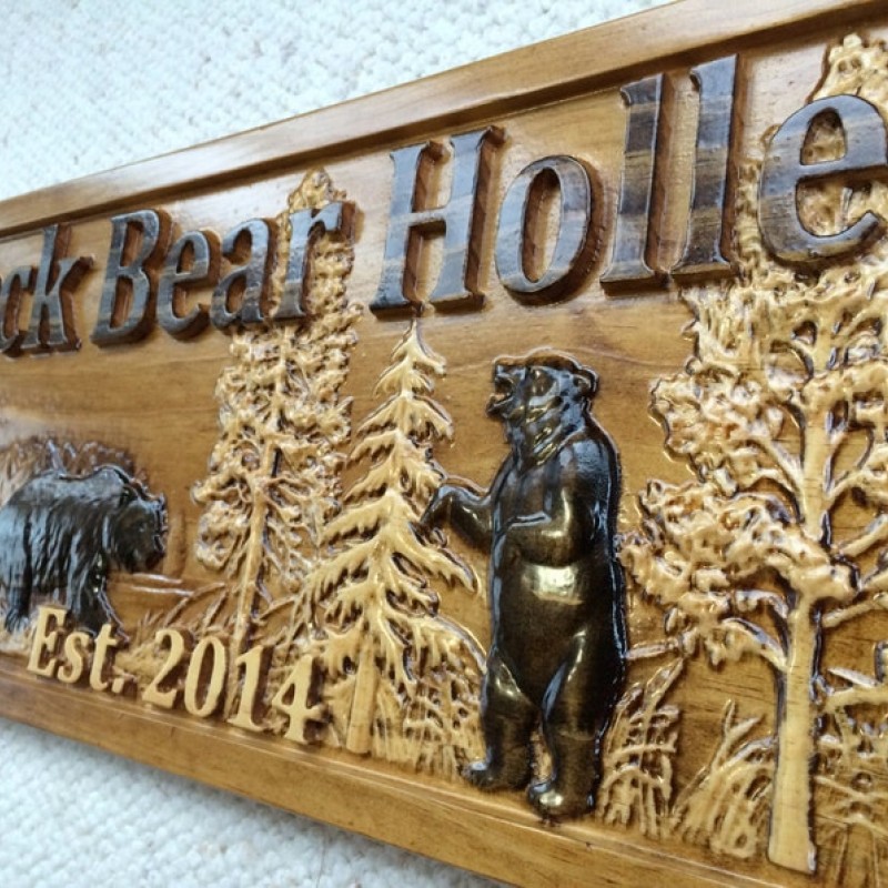 Personalized Wood Sign Custom Carved Cabin Gift Man Cave Wedding Family Last Name Established Camp Lake House Décor Woods Black Bear Plaque 3Dwoodworker