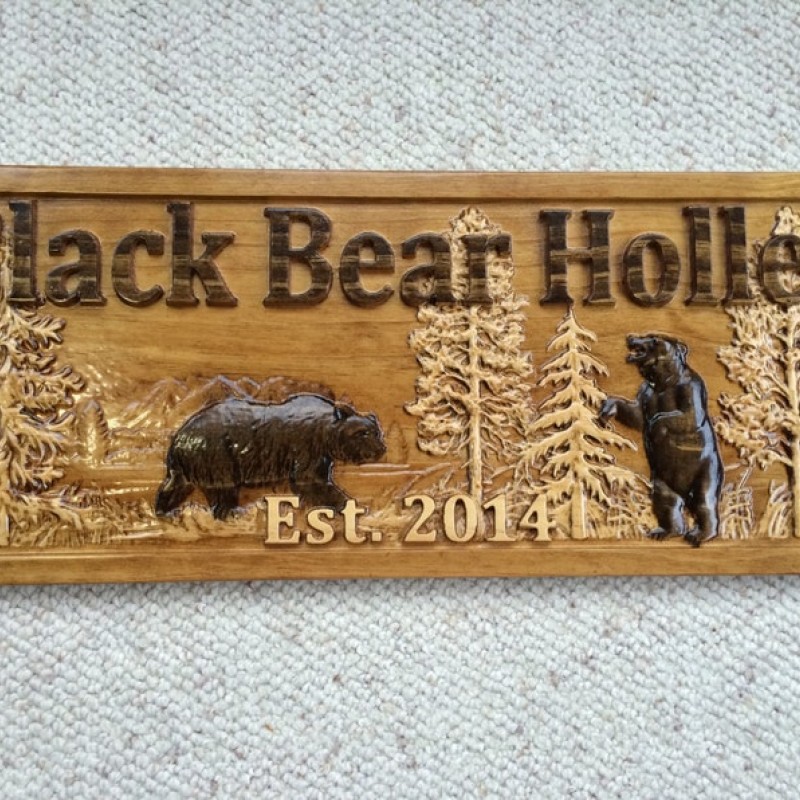 Personalized Wood Sign Custom Carved Cabin Gift Man Cave Wedding Family Last Name Established Camp Lake House Décor Woods Black Bear Plaque 3Dwoodworker